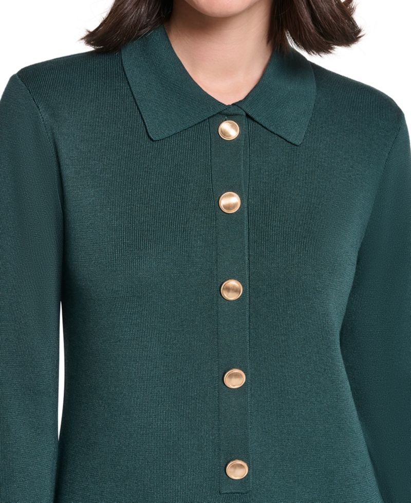 Petite Collared Button-Front Long-Sleeve Midi Dress