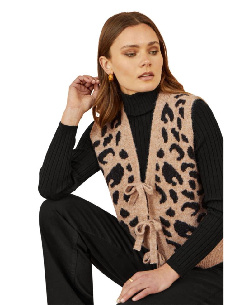 Women's Knitted Cheetah Print Tie Waistcoat