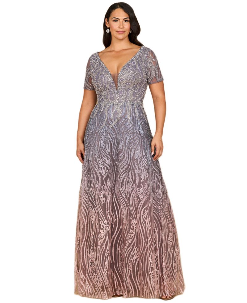 Women's Short Sleeve V-Neck Beaded Ballgown