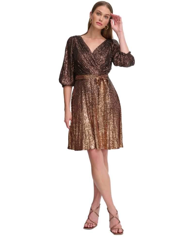 Women's Ombre Sequin Wrap 3/4 Balloon-Sleeve V-Neck Dress