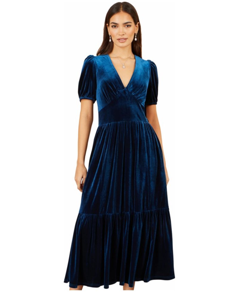 Women's Puff Sleeve V-Neck Velvet Midi Dress