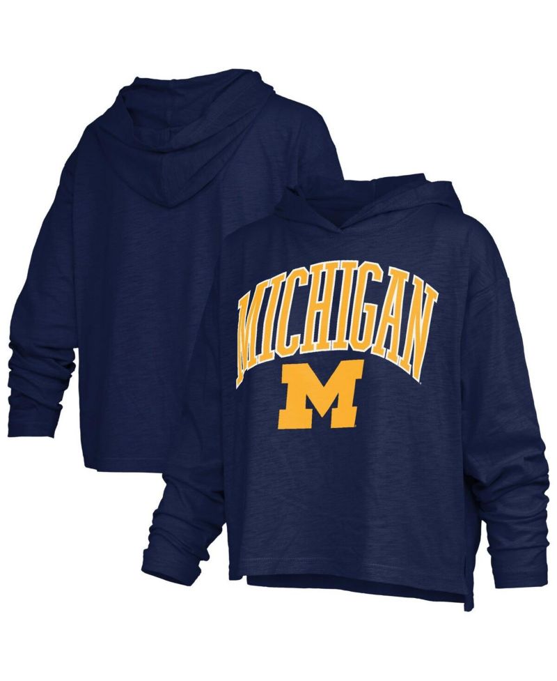 Women's Navy Michigan Wolverines Nelson Arch Over Logo Long Sleeve Hooded Slub T-Shirt