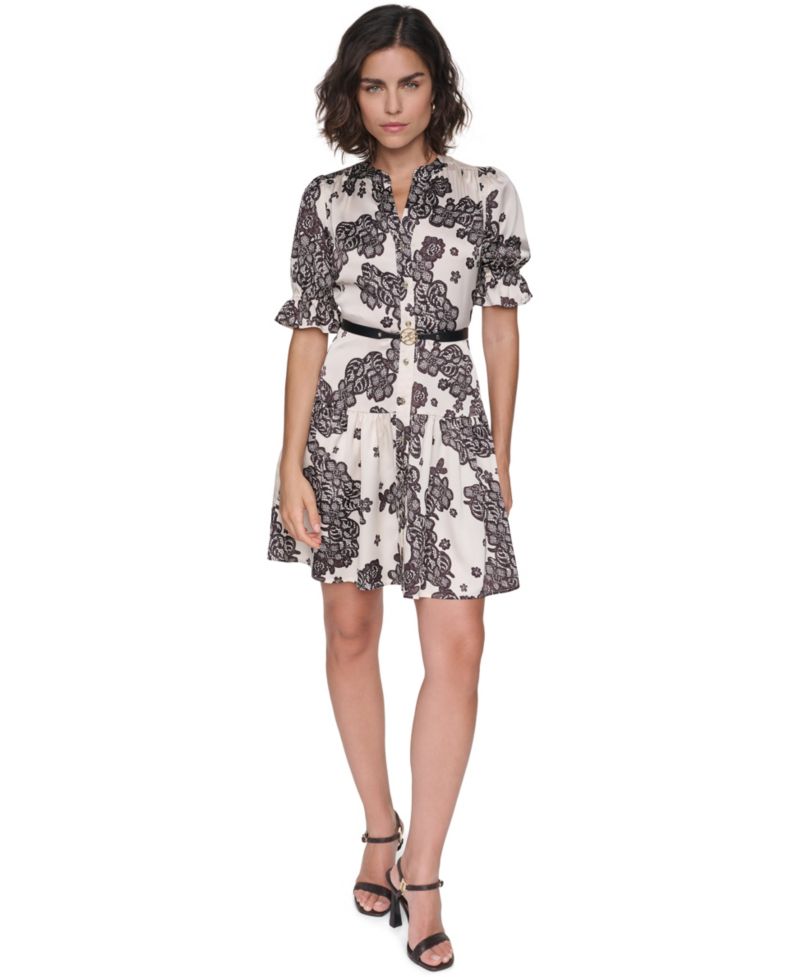 Petite Floral-Print A-Line Belted Shirt Dress