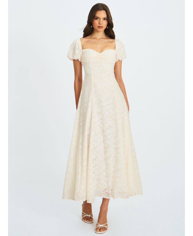 Women Pandora White Bubble Sleeve Backless Maxi Dress