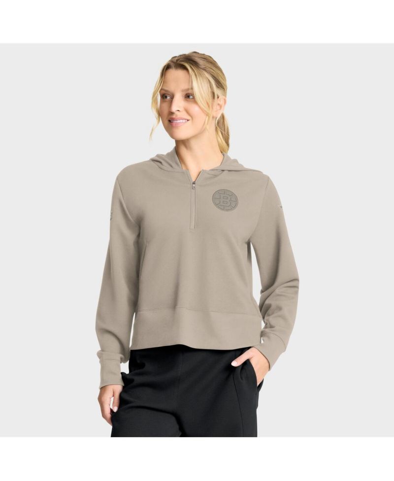Women's Tan Boston Bruins Authentic Pro Road Tri-Blend Quarter-Zip Hoodie