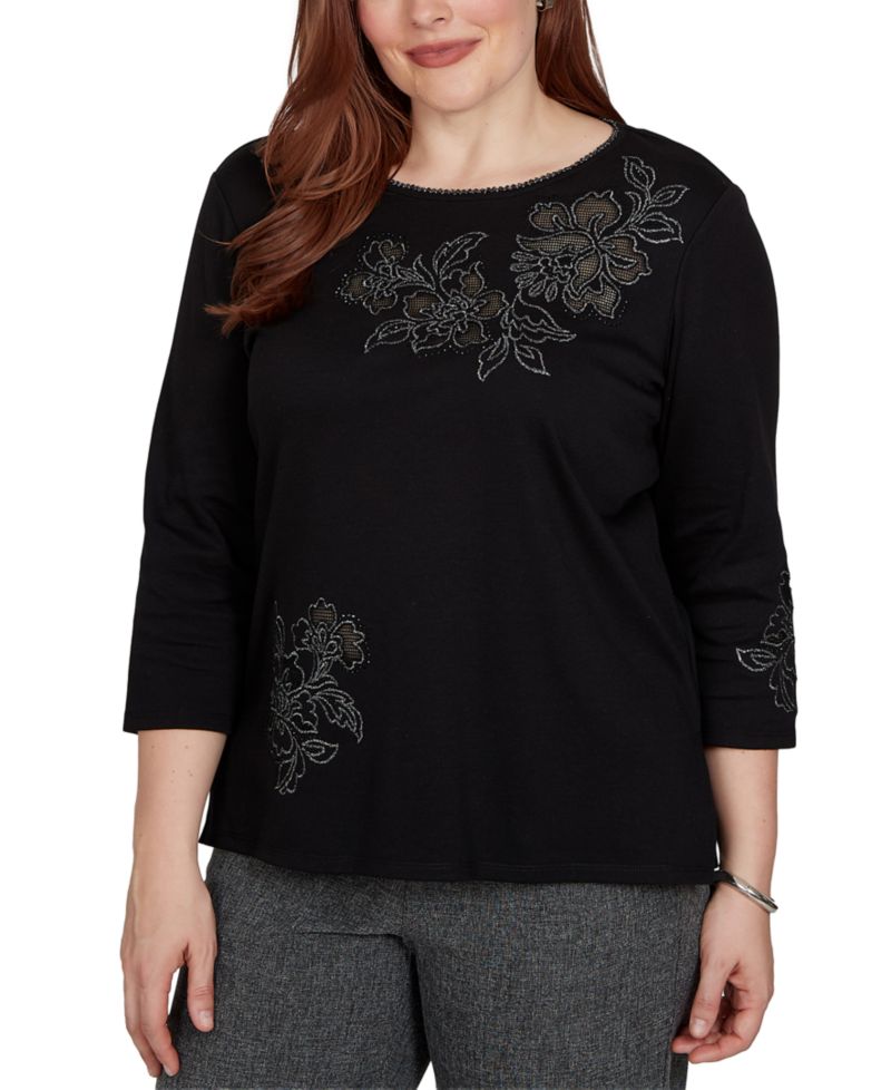 Women's 3/4-Sleeve Crewneck Floral Cotton-Blend Top