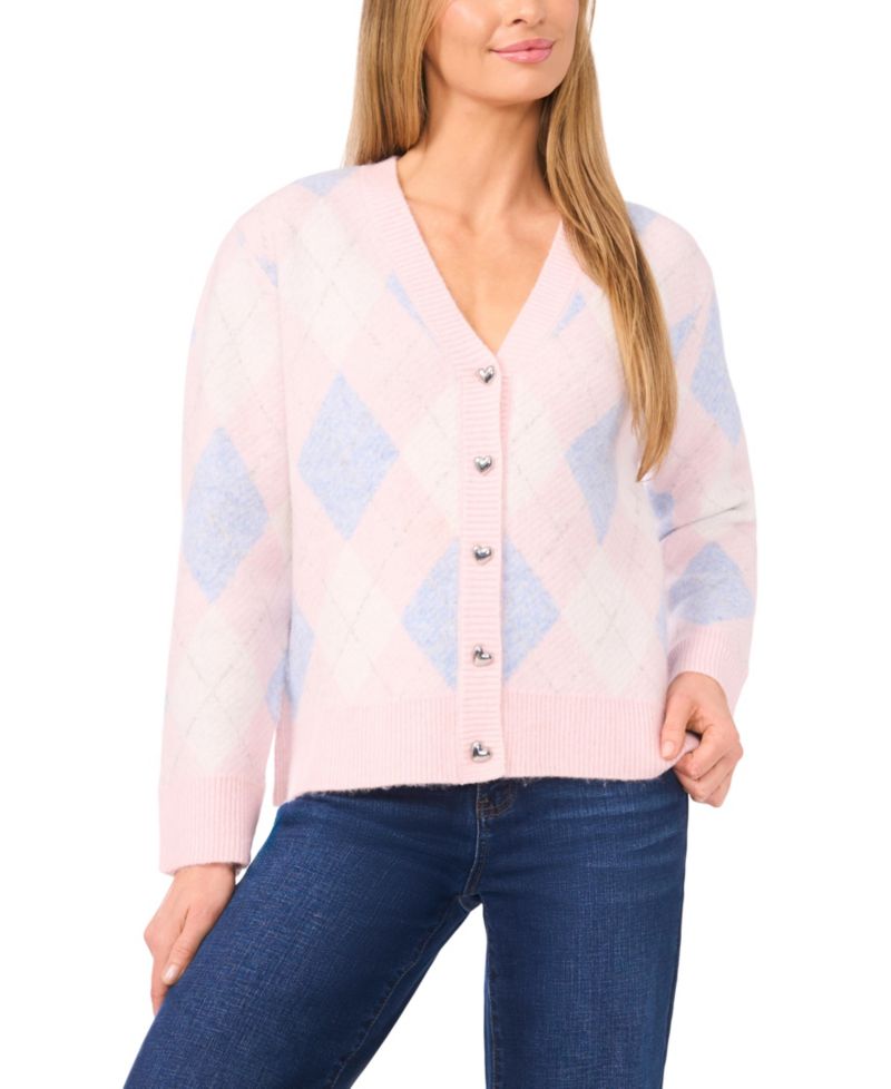 Women's Argyle Long-Sleeve V-Neck Cardigan Sweater