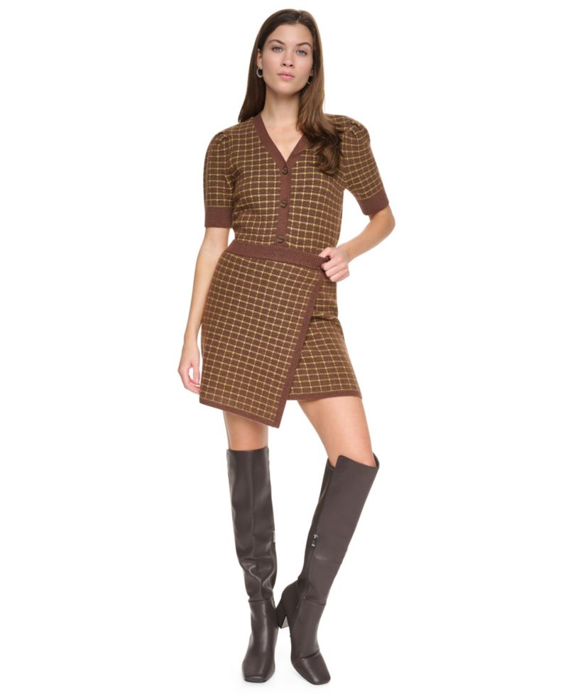 Women's Plaid Cropped Puff Short-Sleeve Cardigan