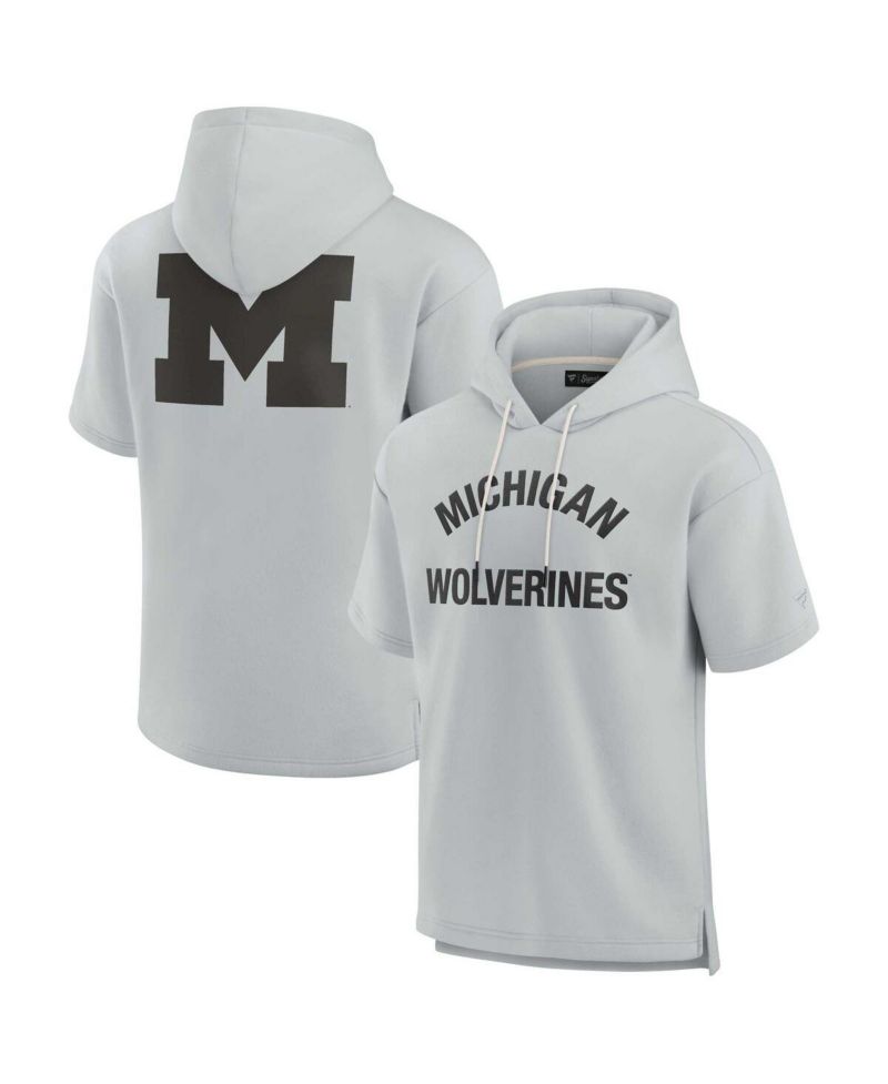 Men's and Women's Gray Michigan Wolverines Super Soft Fleece Short Sleeve Pullover Hoodie
