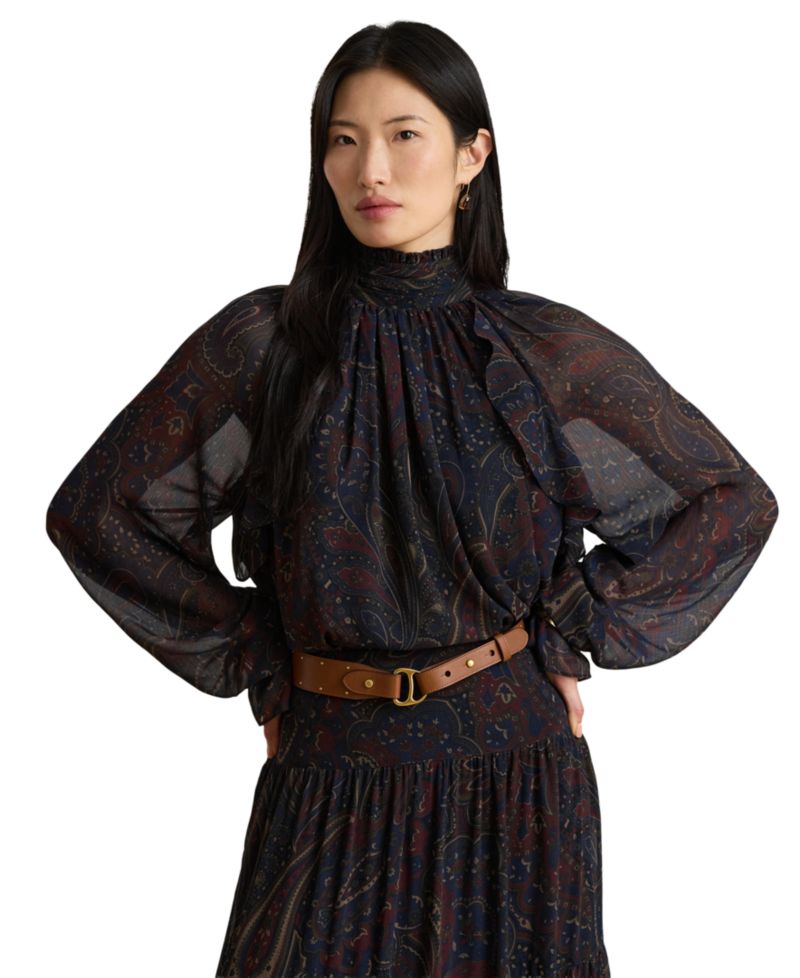 Women's Long-Sleeve Paisley-Print Mockneck Blouse