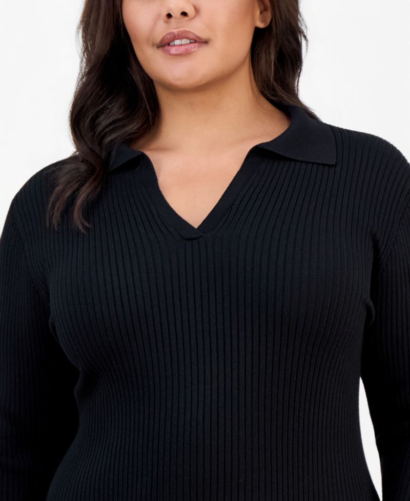 Plus Size Long-Sleeve Bodycon Polo Collar V-Neck Rayon-Polyester Blend Midi Dress