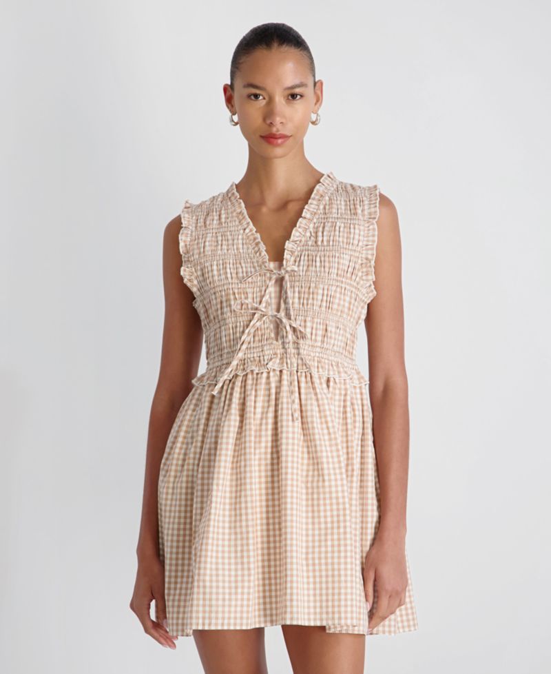 Women's Gingham Pattern Smocked Mini Dress