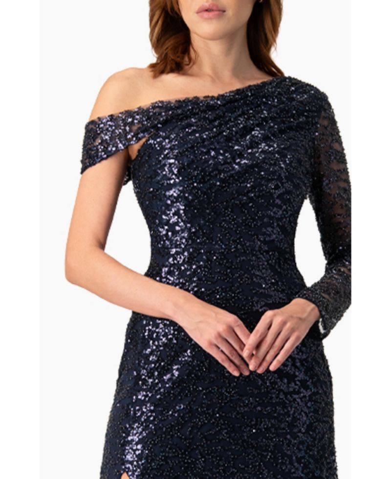 Women's Embroided Gown with Front Slit and One Sleeve