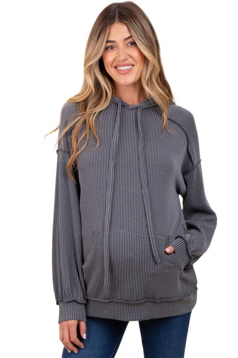 Women's Charcoal Ribbed Front Pocket Drawstring Hoodie