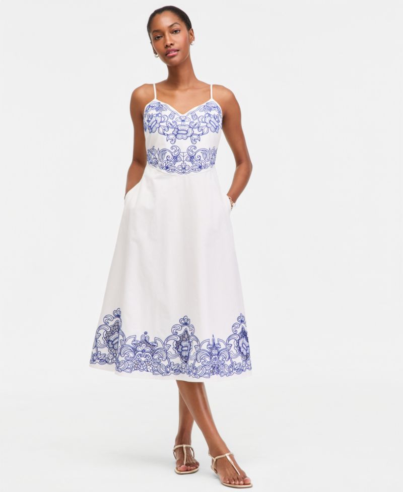 Women's Linen Blend Solid Cutwork Tank Midi Dress
