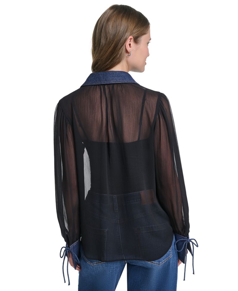 Petite Denim Collar and Cuff Crinkle Chiffon Button-Up Top