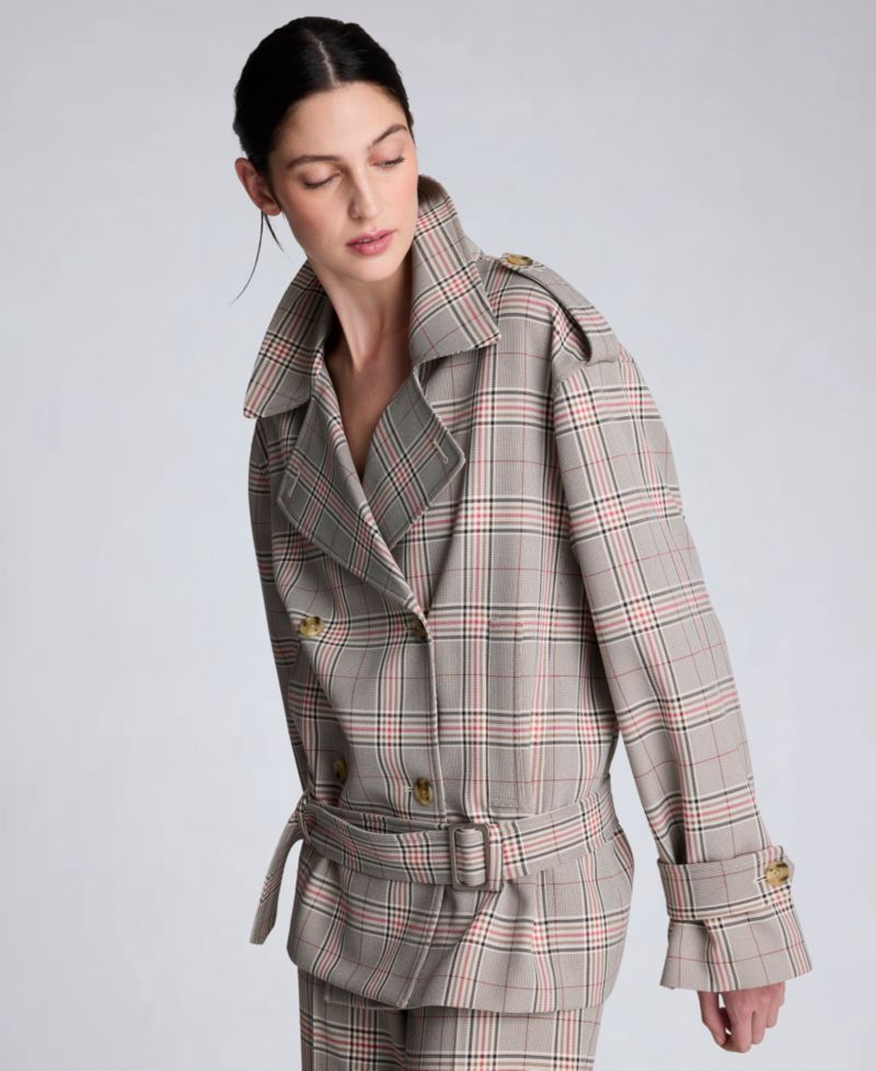 Women's Glen Plaid Button Front Drop Waist Belted Trench Jacket