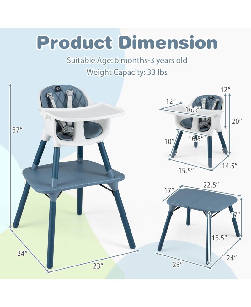 4-in-1 Infant High Dining Chair with 5-point Harness, Removable and Adjustable Tray
