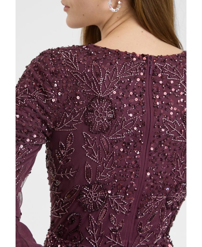 Women's Modest Embellished Sequin Beaded Dress Maxi With Boat Neck