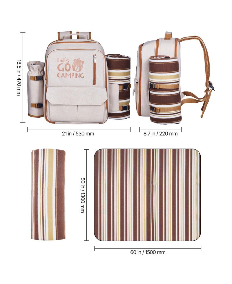 Picnic Backpack for 4 with Insulated Cooler, Blanket, Plates and Cutlery Set, 20 L