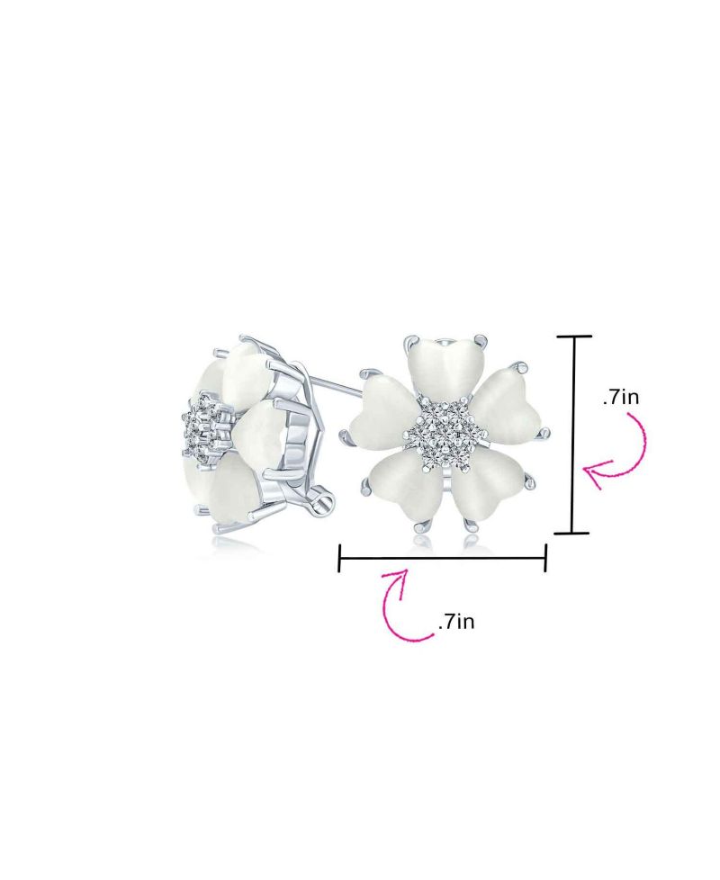 Cat Eye Quartz Heart-Shaped Petals Flower Stud Earrings Silver Plated
