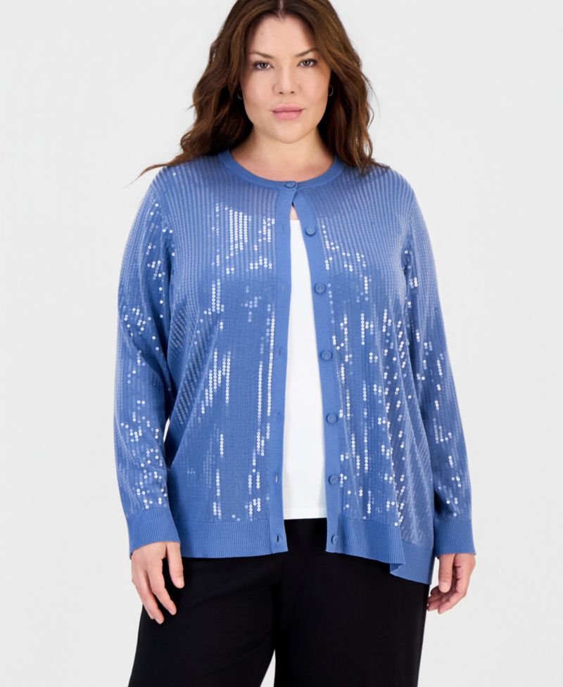 Plus Size Sequin-Front Crewneck Cardigan