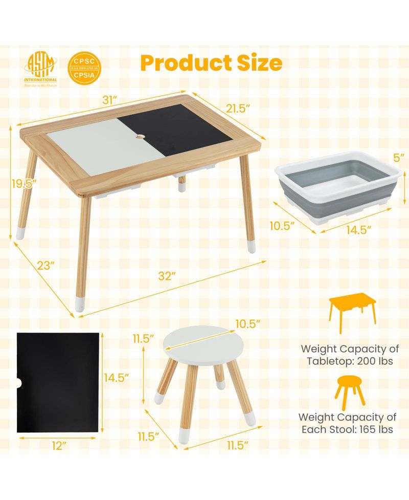Wooden Kids Activity Table with Double-Sided Boards and Stools