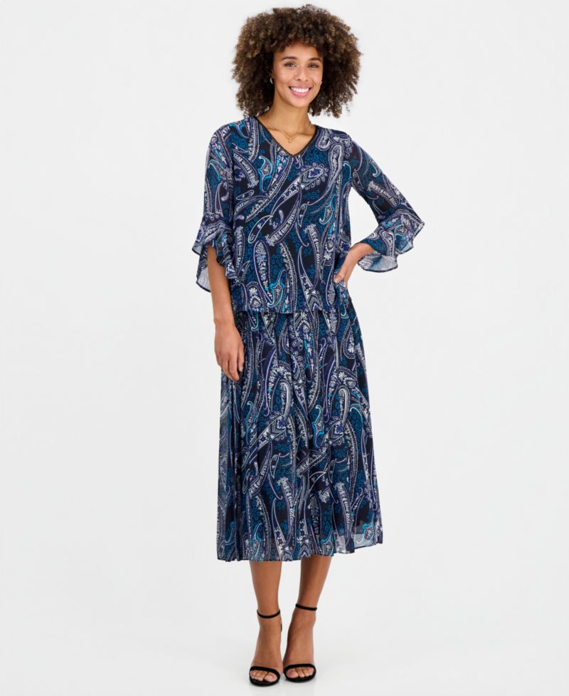 Women's Printed V-Neck Ruffle-Sleeve Blouse & Pleated Pull-On Midi Skirt