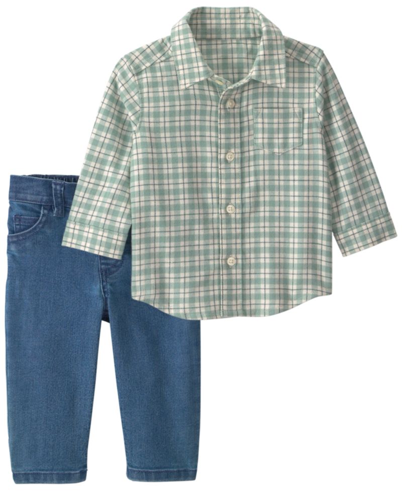 Baby Boys' Plaid Flannel Long-Sleeve Shirt and Denim Pants, 2-Piece Set