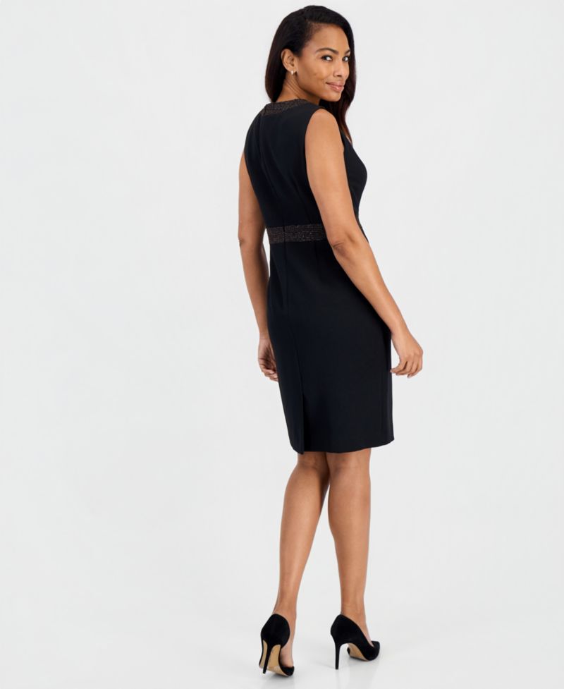 Women's Sleeveless Crepe Sheath Dress with Tweed Trim