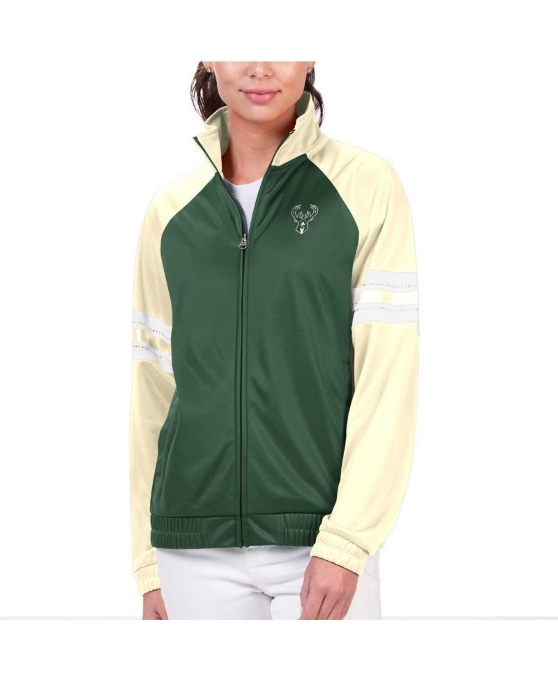 Women's Hunter Green Milwaukee Bucks Main Player Raglan Rhinestone Full-Zip Track Jacket