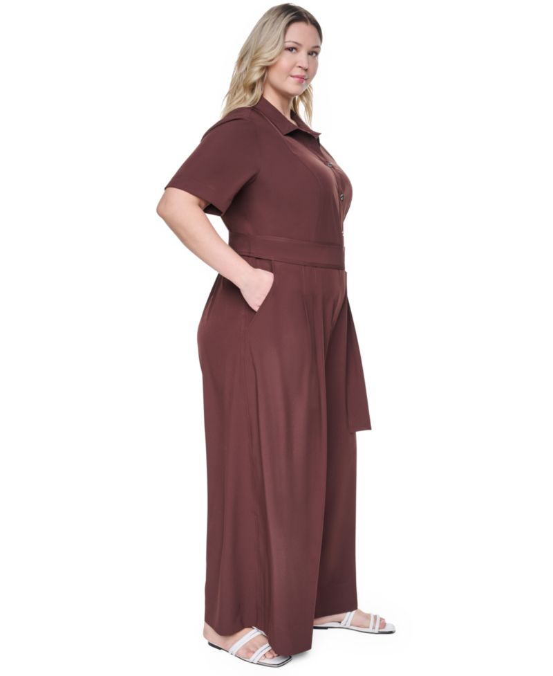 Plus Size Wide-Leg Short-Sleeve Tie Belt Jumpsuit