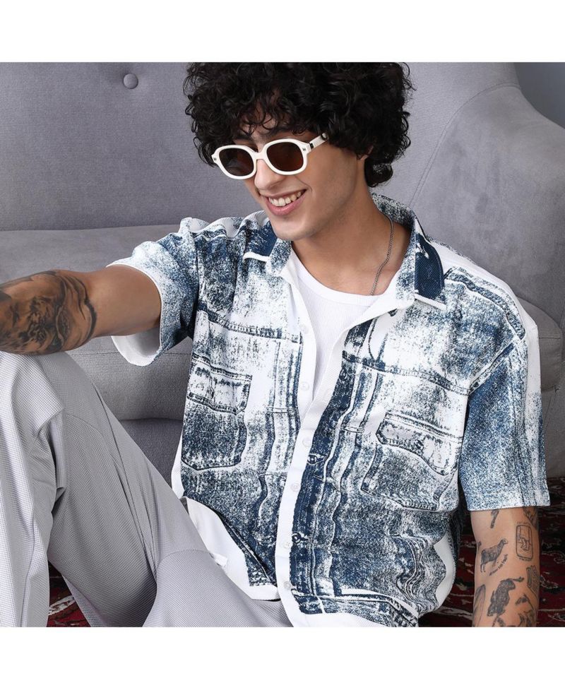 Men's Navy Blue Denim-Imprint Relaxed Shirt