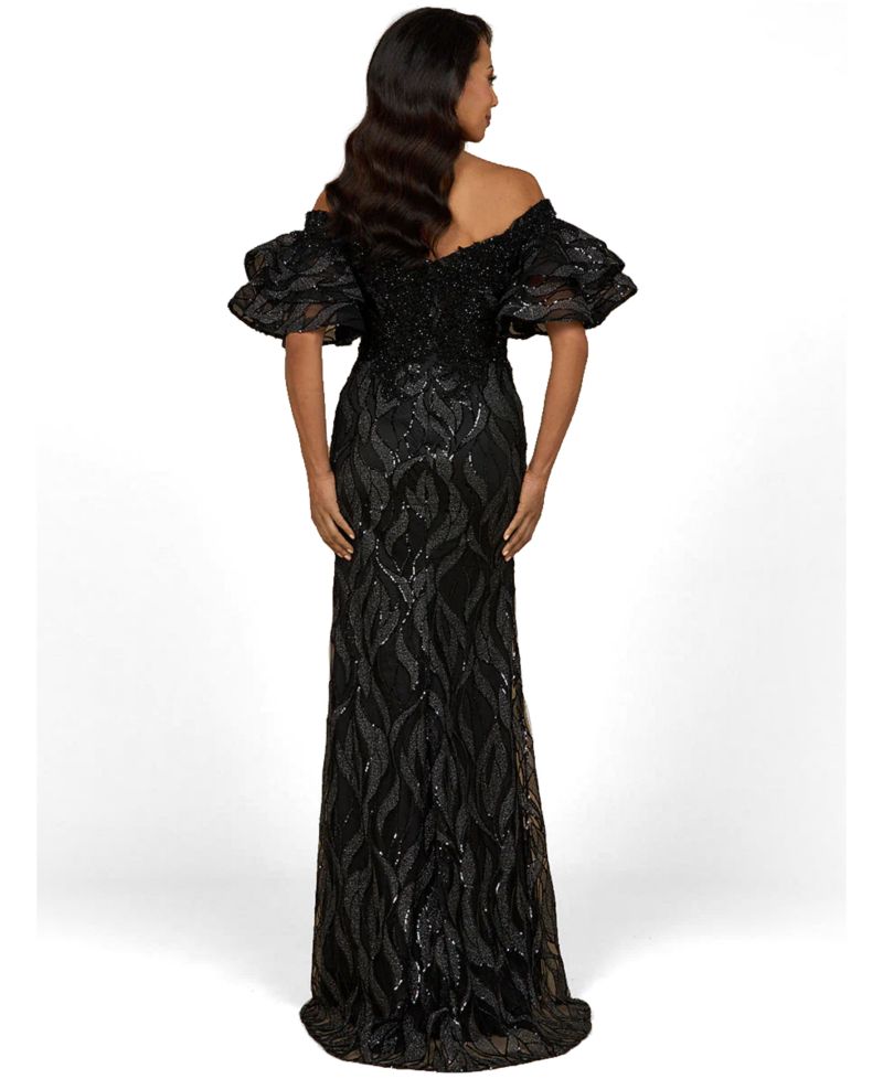 Women's Off Shoulder Mermaid Beaded Gown with Tiered Sleeves