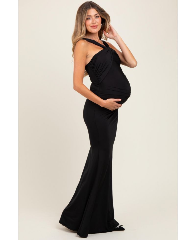 Women's Black Twist Front Ruched Maxi Dress