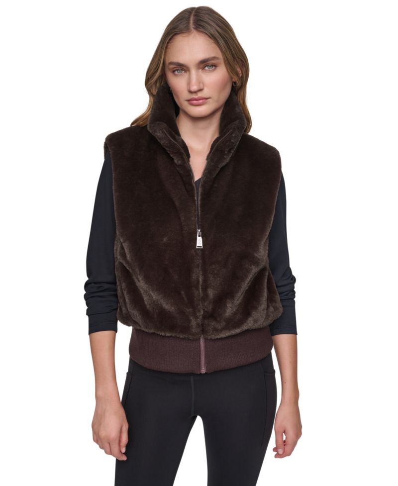 Women's Mock-Neck Ribbed-Knit Hem Faux Fur Vest