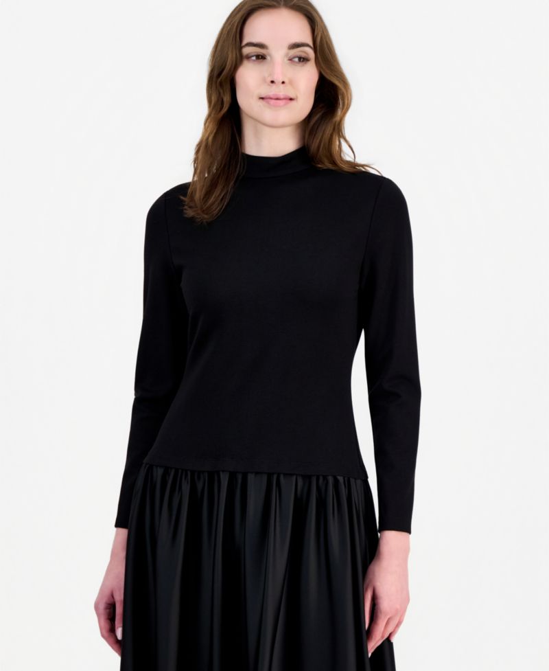 Women's Drop-Waist Mock-Neck Bubble-Skirt Dress