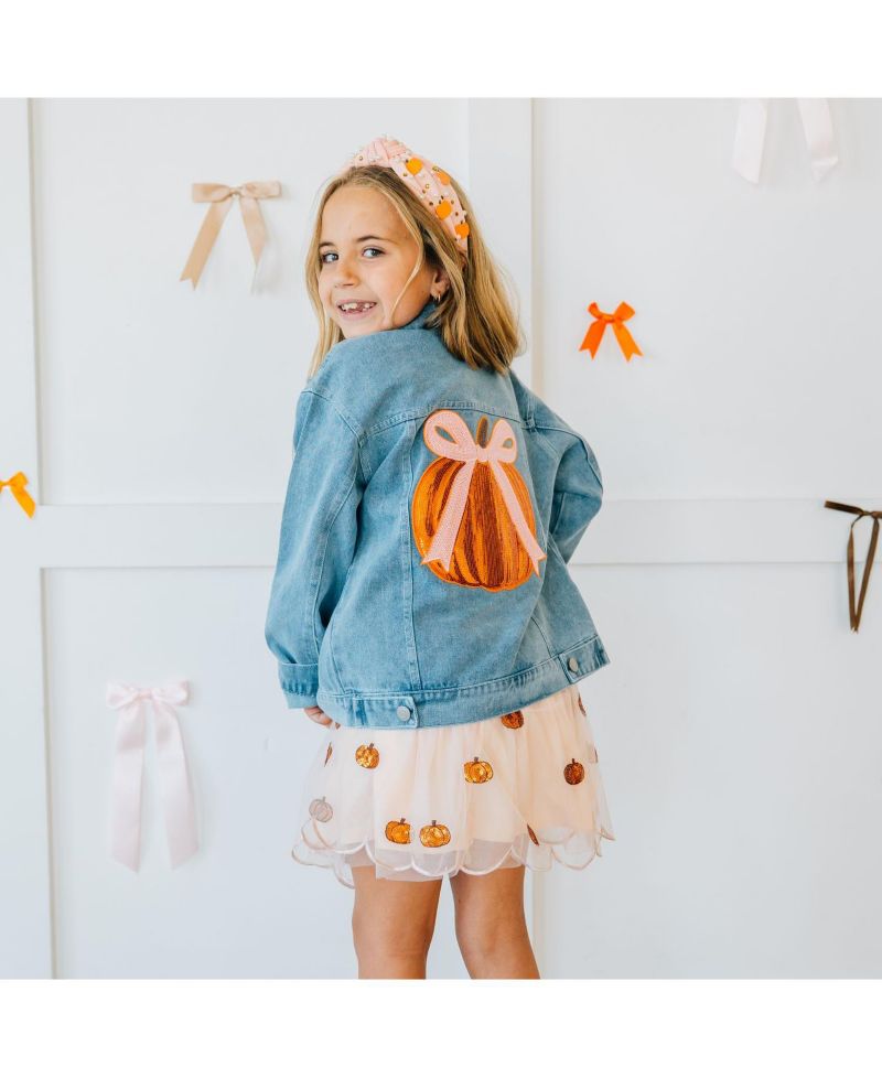 Big Girls Coquette Pumpkin Sequin Patch Denim Jacket