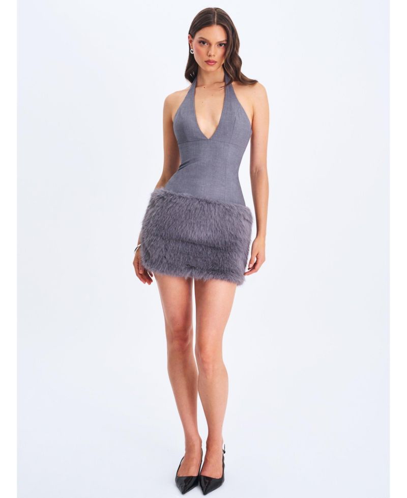 Women's Daisy Grey Drop Waist Faux Fur Trim Halter Mini Dress