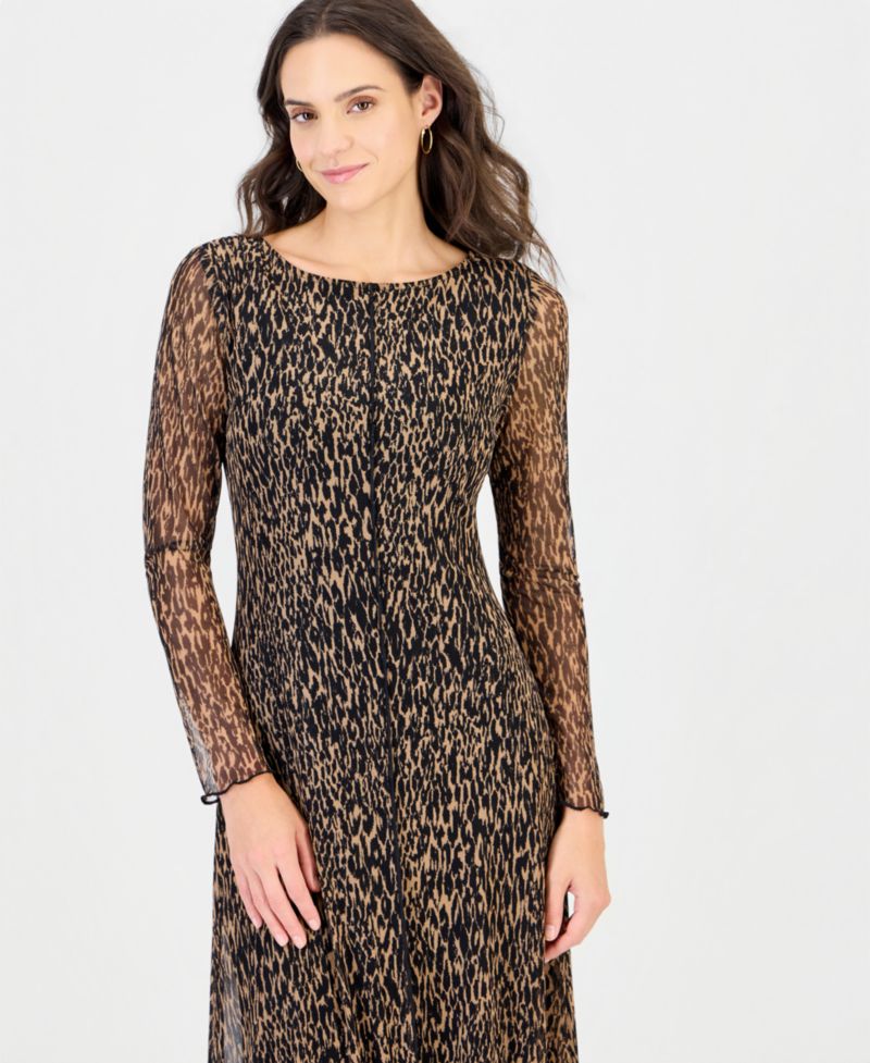 Women's Long-Sleeve Mesh Boat-Neck Dress