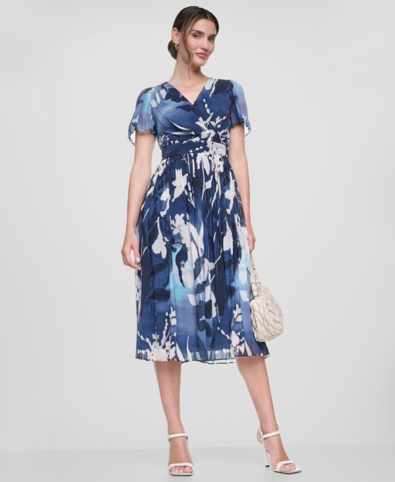 Women's Flutter-Sleeve Release Pleat Midi Dress