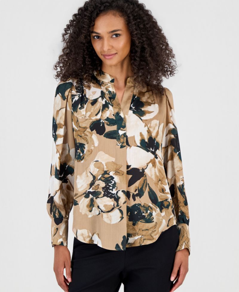 Women's Floral-Print Satin Pleat-Front Blouse