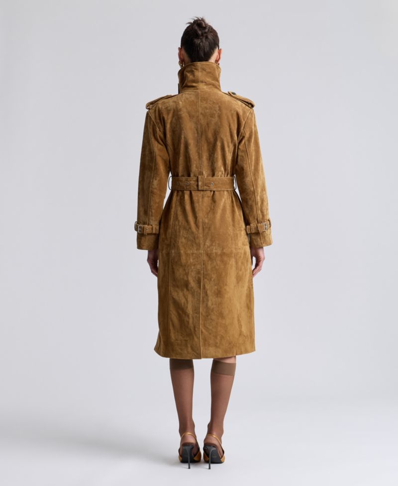 Women's Funnel-Neck Suede Oversized Trench Coat