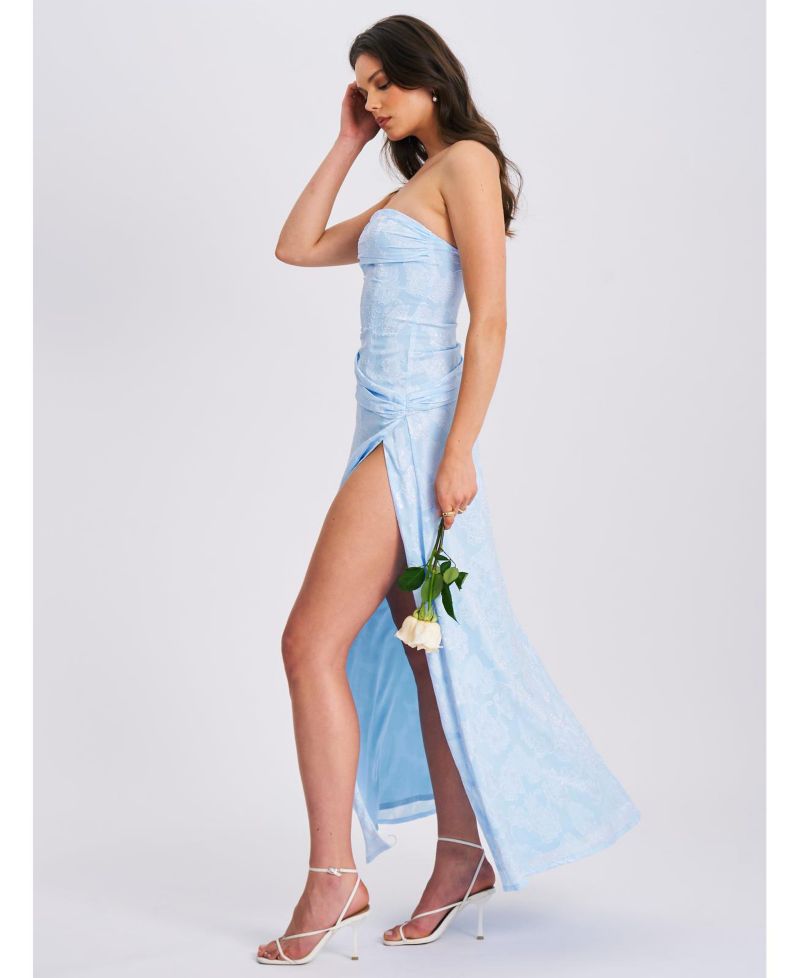 Women's Xatia Baby Blue Jacquard Textured High Slit Maxi Dress