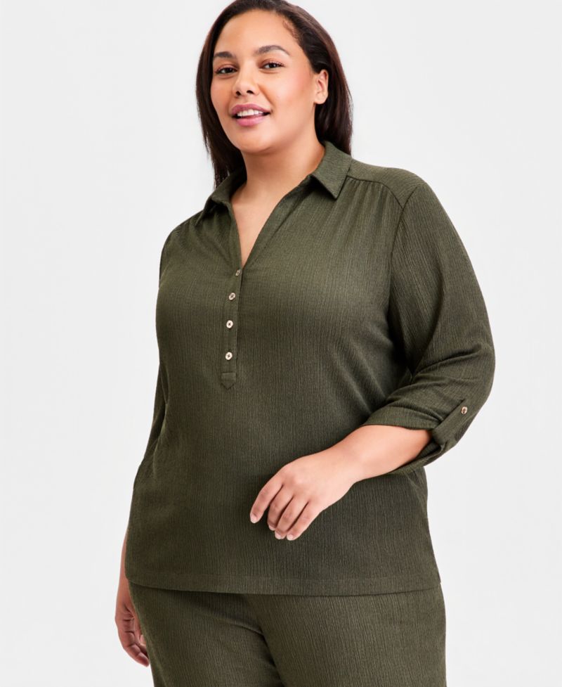 Plus Size Collared 3/4-Sleeve Blouse