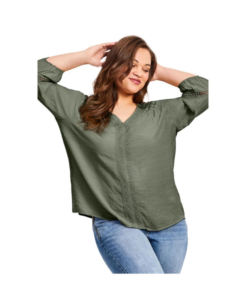 Women's Plus Size Embroidered Lace Detail Peasant Blouse