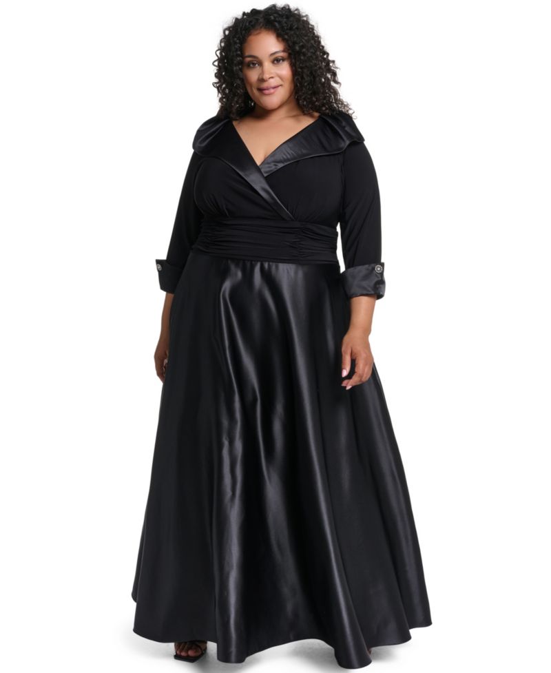 Plus Size V-Neck 3/4 Rhinestone Cuff Satin Dress