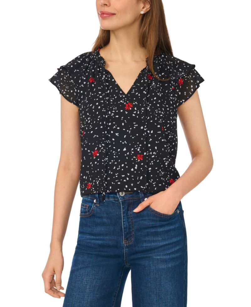 Women's Printed Flutter-Sleeve Tie Neck Top