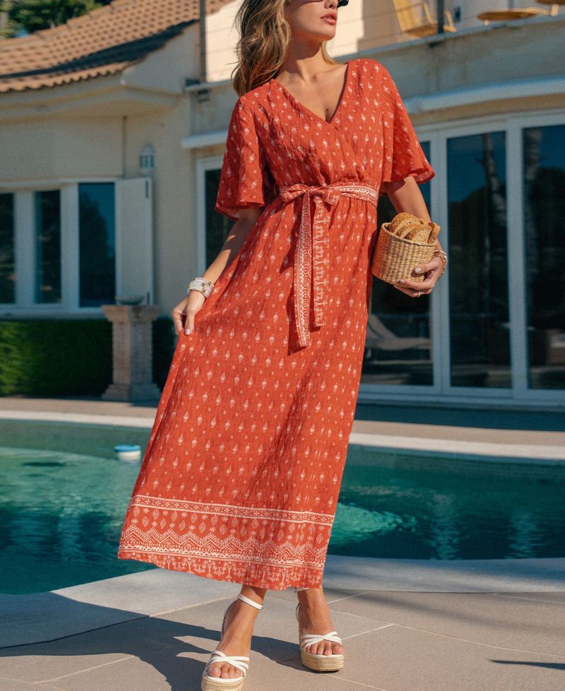 Women's Bohemian Printed Maxi Dress with Belt