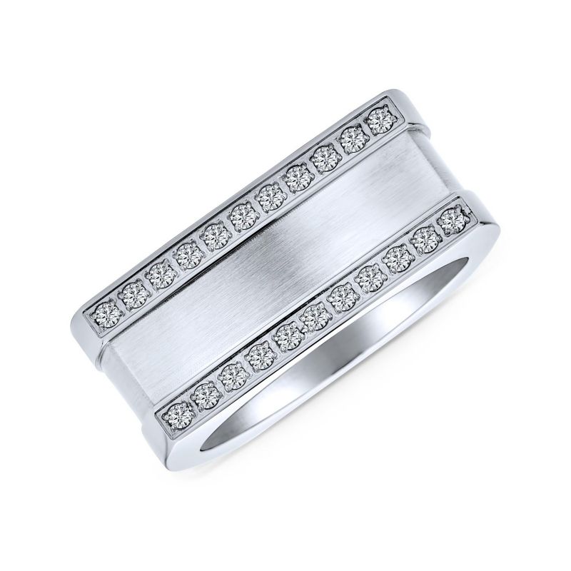 Greek Key Geometric Pave CZ Accent Cubic Zirconia Cross Mens Rectangle Signet Statement Band Ring For Men Stainless Steel